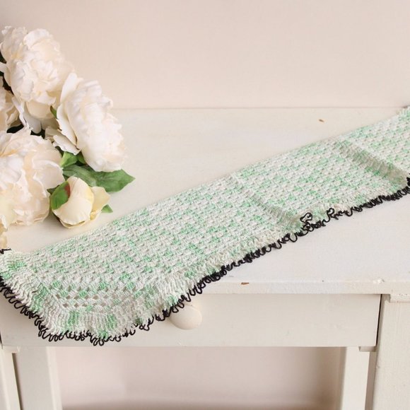 Vintage Crochet Doily in Green and White And Black,  Long Table Scarf, Woven - Picture 2 of 10